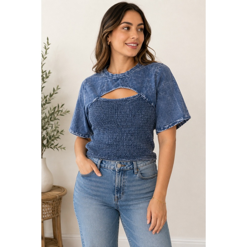 DS Los Angeles Woman's Trendy Denim Wash Top,Large Size, Cut Outs Above Chest...